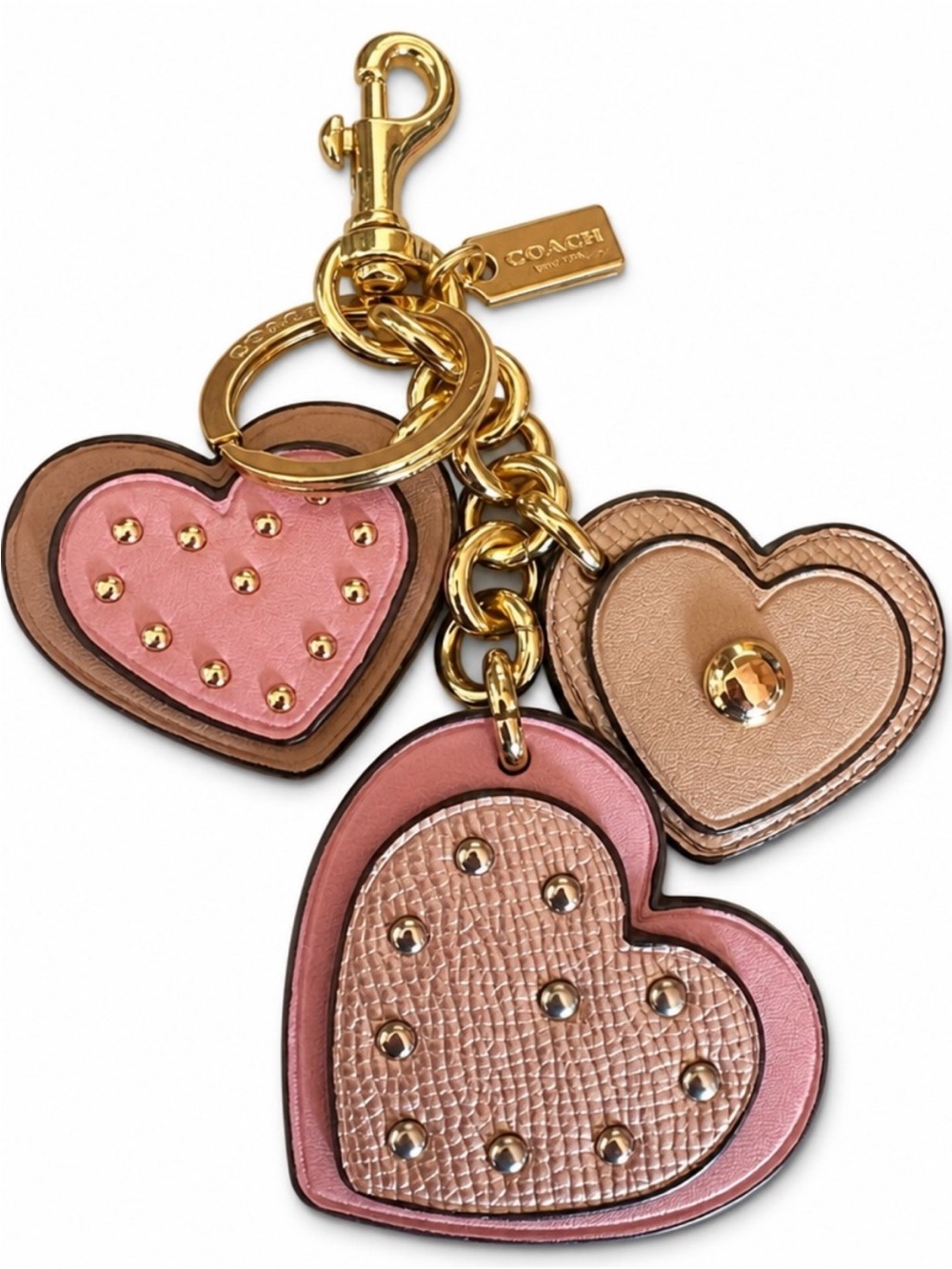 Coach Pink & Beige Heart Charm Keyring with Gold Hardware